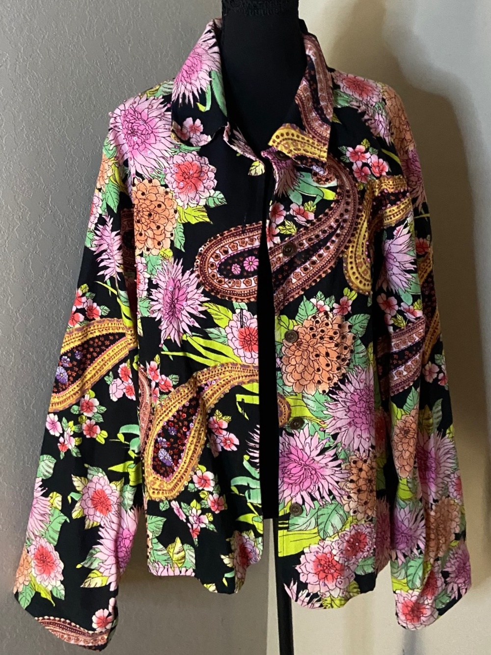 Gaudy Couture Black Pink Floral Chrysanthemum Paisley Cotton Canvas Jacket 1X